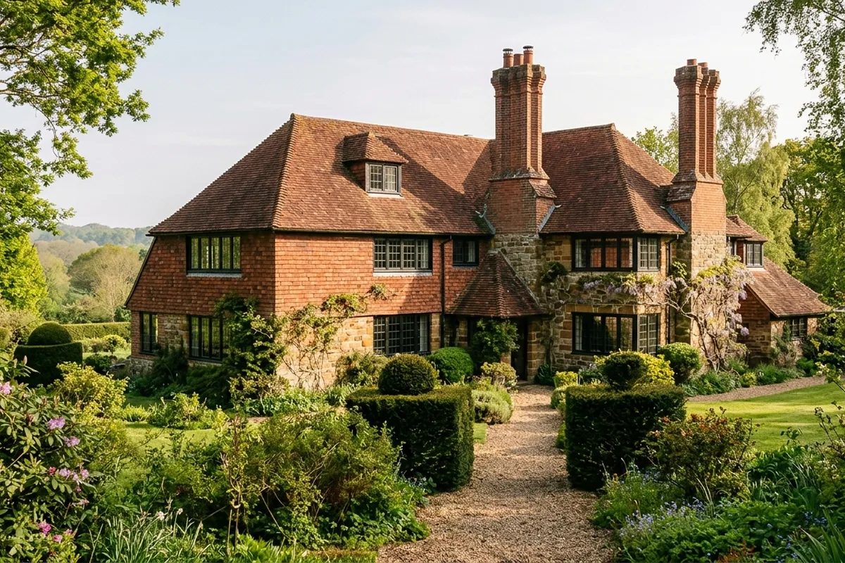 Tile-hung Arts and Crafts style house with slim black steel-look aluminium casement windows in grouped runs