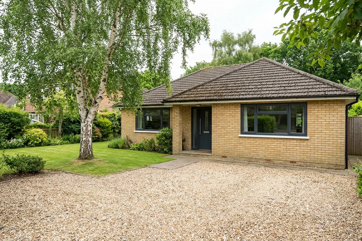 Detached buff brick bungalow with anthracite grey aluminium windows and front door, a gravel drive and a birch tree, typical of Felbridge
