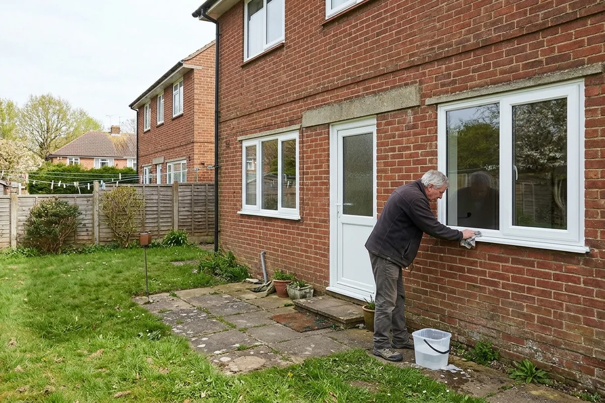 Man wiping the sill of new white uPVC windows at the back of a post-war brick semi, typical of East Grinstead's estates