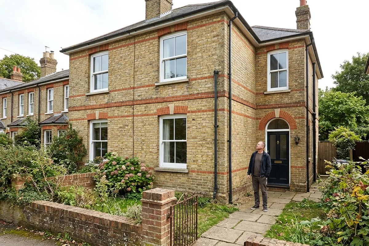 Man on the front path of a yellow and red brick Victorian villa with white uPVC sliding sash windows, typical of East Grinstead
