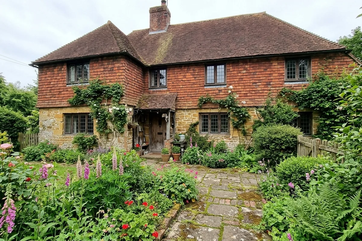 Cottage with a sandstone ground floor, clay tile-hanging above and dark leaded casement windows, typical of West Hoathly